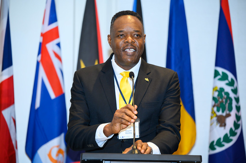 CXC Registrar and Chief Executive Officer, Dr. Wayne Wesley stands before a raft of Caribbean flags