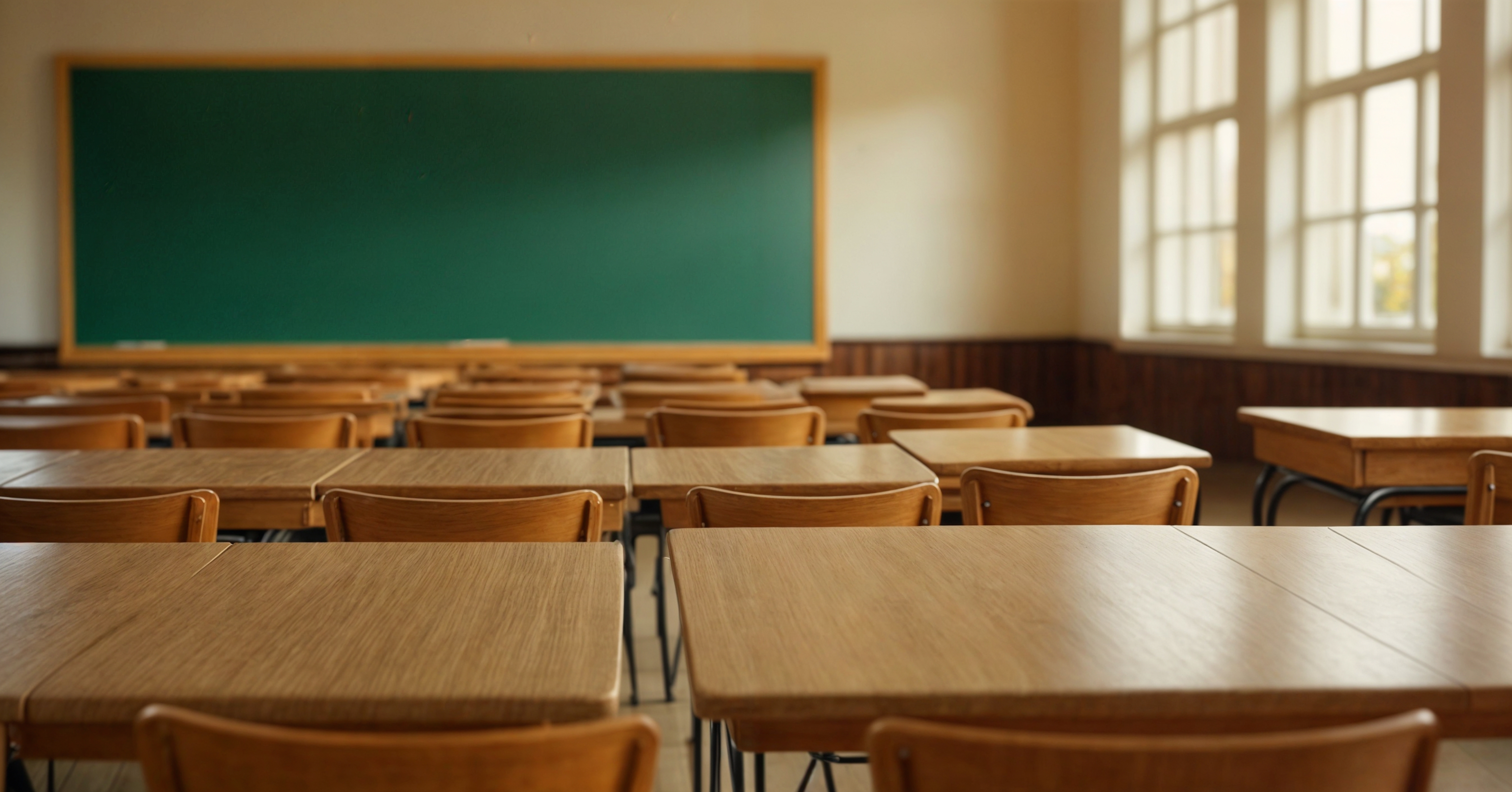 A classroom with desks and chairs 