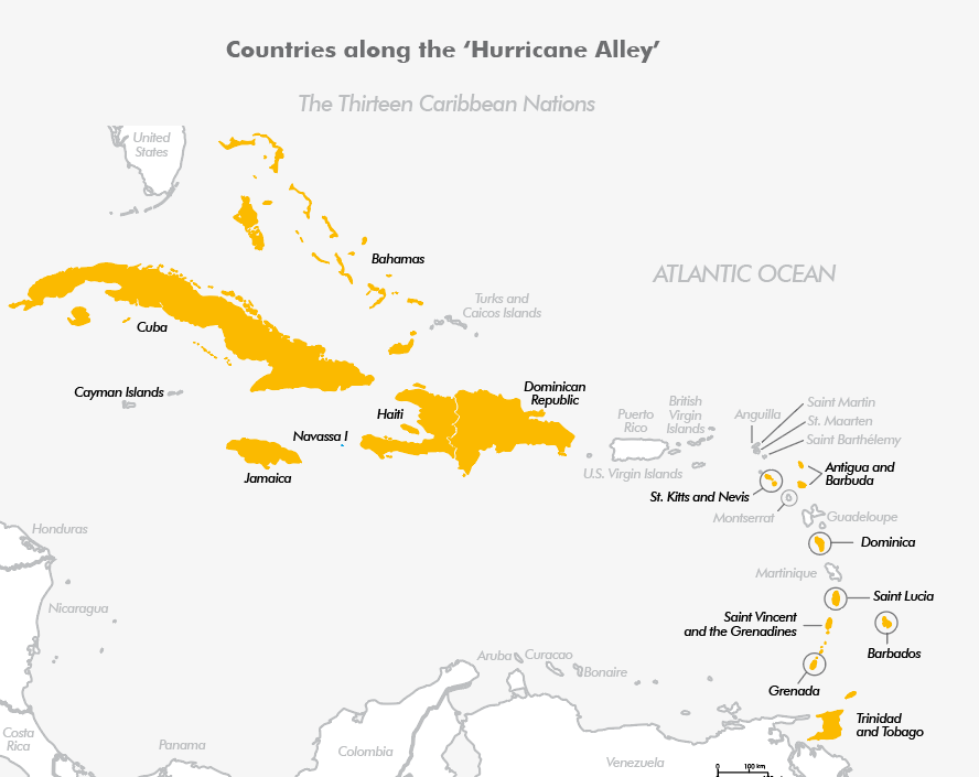 map showing Caribbean islands along 'Hurrican Alley'