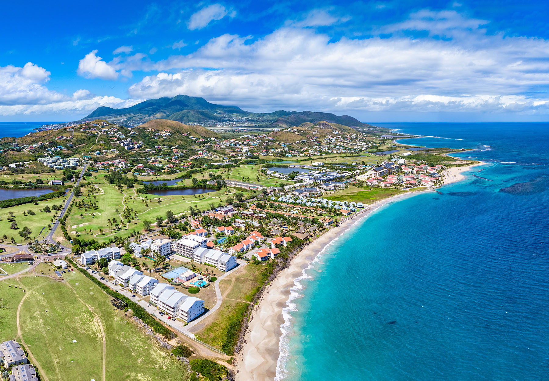 St Kitts Aerial Panorama from Timothy Hill showing beautful blue seas and lush green shores