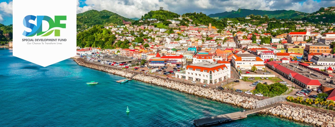 aerial shot of Caribbean island bay