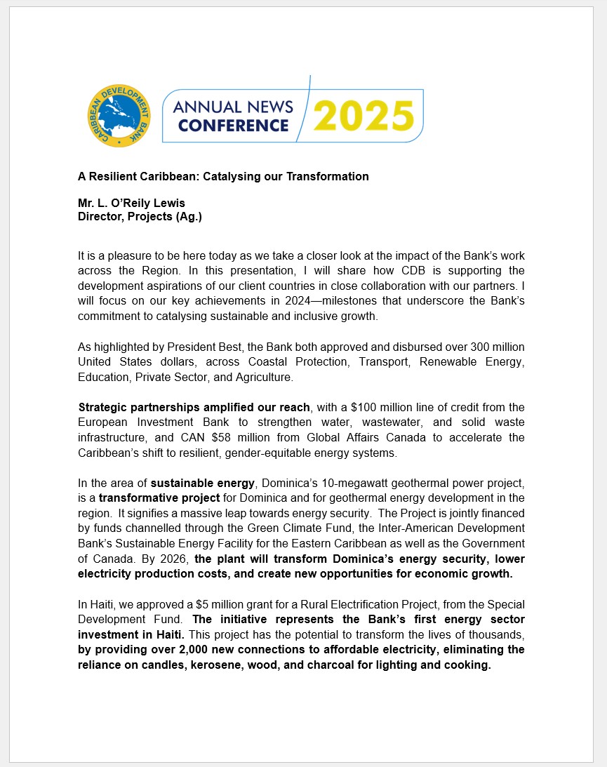 Cover page of a remarks titled 'A Resilient Caribbean: Catalysing our Transformation' by Mr. L. O'Reilly Lewis, Director of Project (Ag) of the Caribbean Development Bank (CDB). Delivered at CDB's 2025 Annual News Conference on March 19, 2025, at the Errol Barrow Centre for Creative Imagination in Barbados. The page includes the 2025 Annual News Conference branding at the top left.