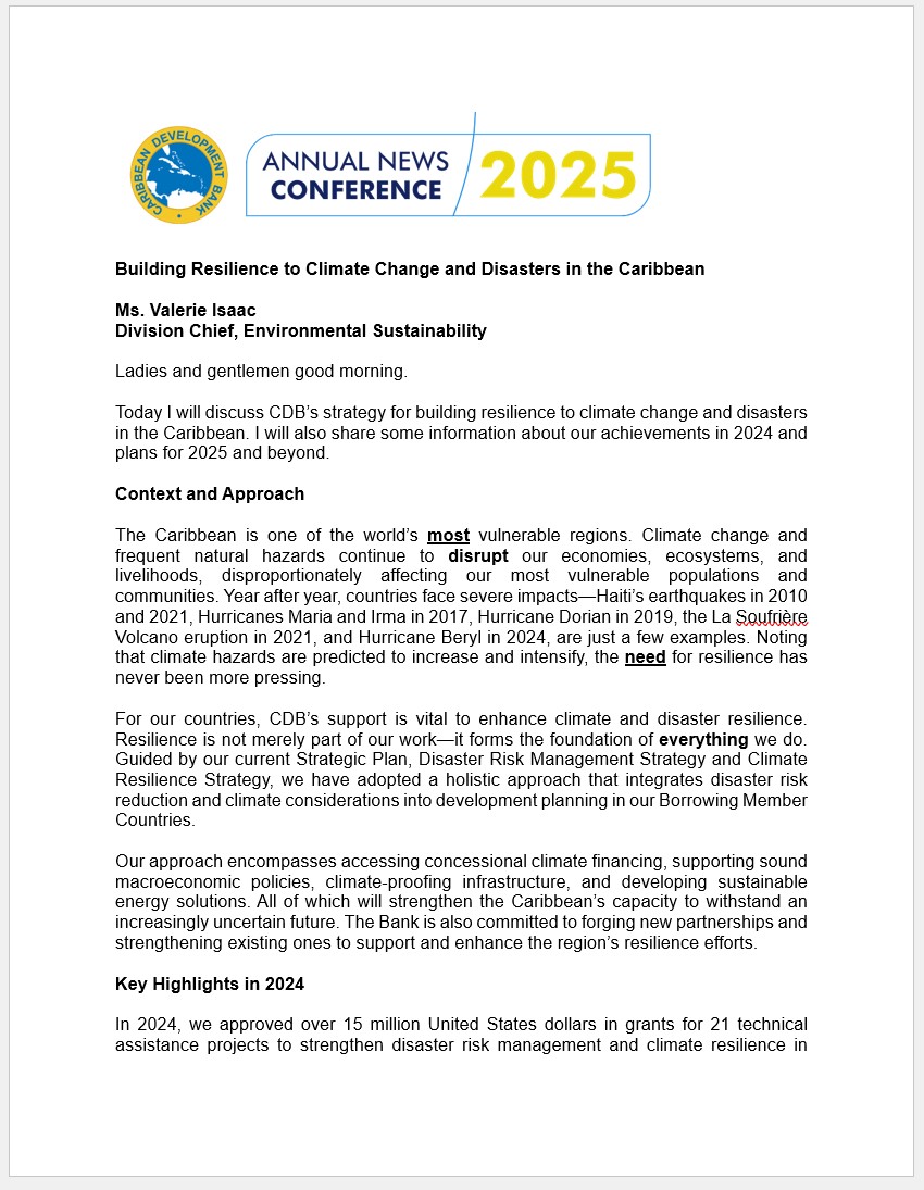 Cover page of a remarks titled 'Building Resilience to Climate Change and Disasters in the Caribbean' by Ms. Valerie Isaac, Division Chief, Environmental Sustainability of the Caribbean Development Bank (CDB). Delivered at CDB's 2025 Annual News Conference on March 19, 2025, at the Errol Barrow Centre for Creative Imagination in Barbados. The page includes the 2025 Annual News Conference branding at the top left.