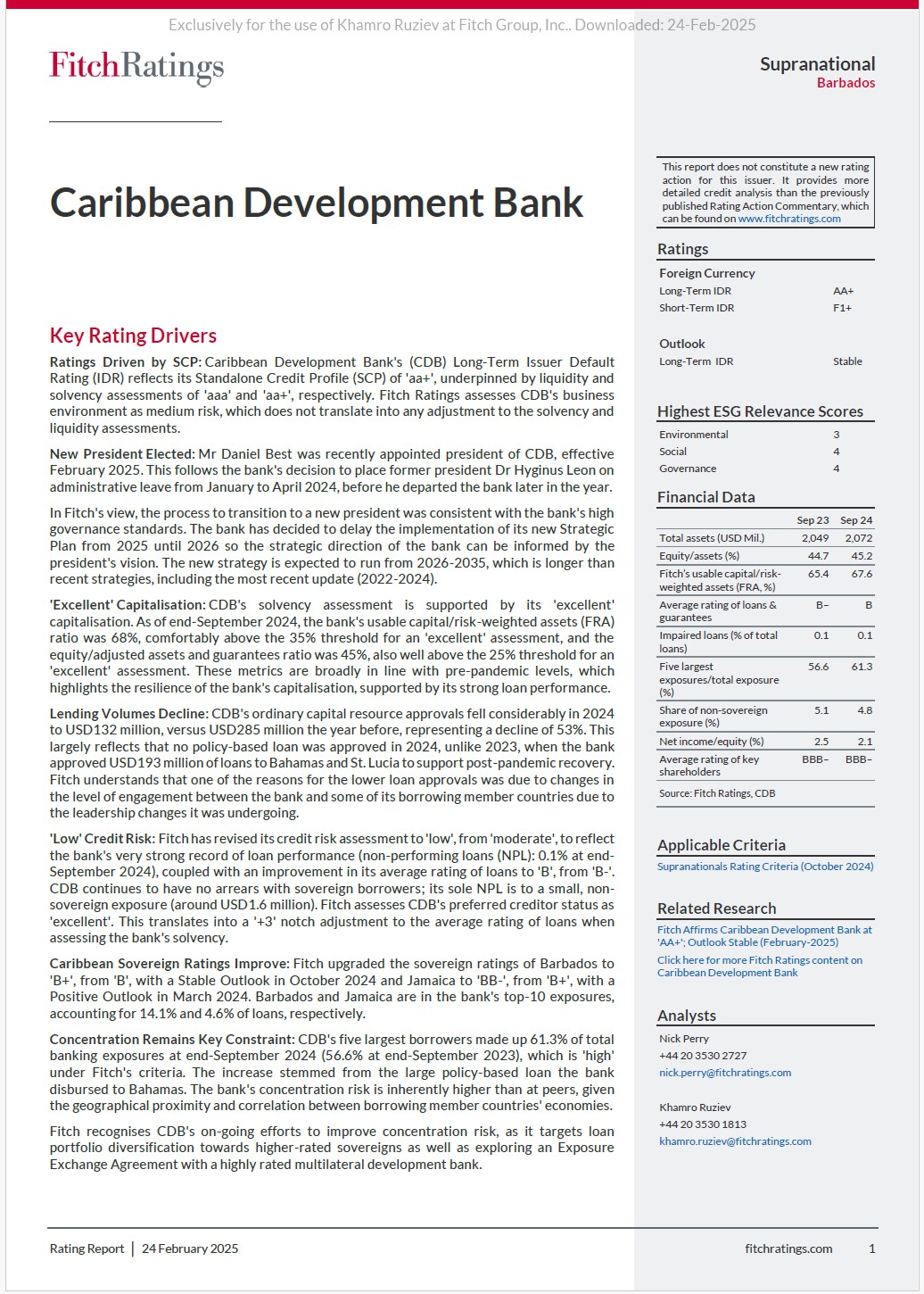 Fitch Ratings report for the Caribbean Development Bank, dated February 24, 2025. Highlights include a Long-Term IDR of AA+ with a stable outlook, strong capitalization, low credit risk, and improved sovereign ratings for Barbados and Jamaica. The report also details governance updates and lending trends.