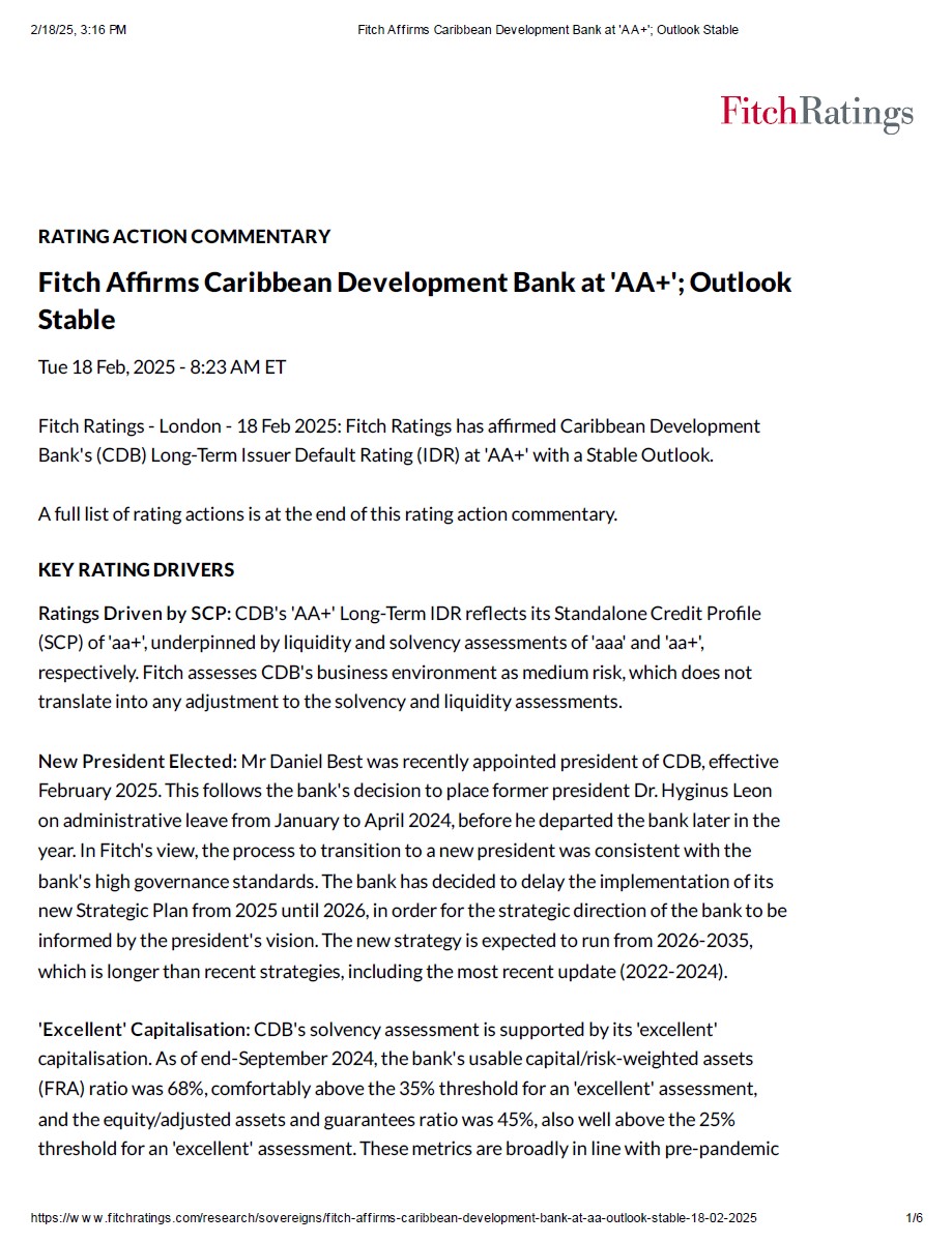 screenshot of a Fitch Ratings commentary confirming the Caribbean Development Bank's 'AA+' rating with a stable outlook. It highlights the key rating drivers, including the bank's excellent capitalization, liquidity, and solvency assessments, and mentions the appointment of a new president and the bank's strategic planning.