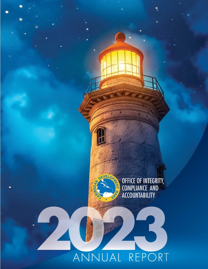 A lighthouse illuminated against a starry night sky, with the logo of the Caribbean Development Bank and text that reads "Office of Integrity, Compliance, and Accountability, 2023 Annual Report" displayed prominently at the bottom.