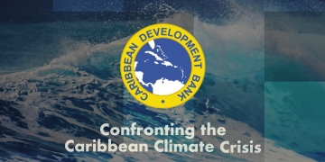 video thumbnail of waves breaking in the background overlayed by CDB's blue and yellow logo and the words, Climate Action Series: Confronting the Caribbean Climate Crisis 