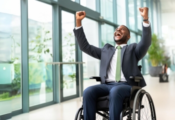 Man in suit in wheelchair with hands raised and smiling 
