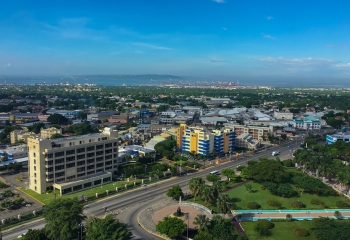 Aerial view of new Kingston blue skies, greenery including emancipation park