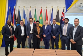 A row of black executives in business suits standing ina row ahead of country flags 