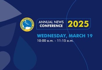 Promotional graphic for the Annual News Conference 2025, scheduled for Wednesday, March 19, from 10:00 a.m. to 11:15 a.m., featuring a blue background with water drop designs and bold yellow and white text.