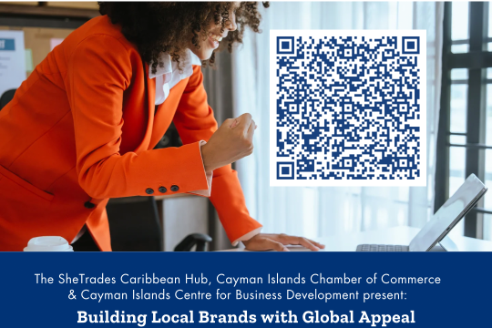 A graphic with a smiling black woman in an orange jacket leaning over a desk looking at a laptop and smiling with a clenched fist and a QR code overlay